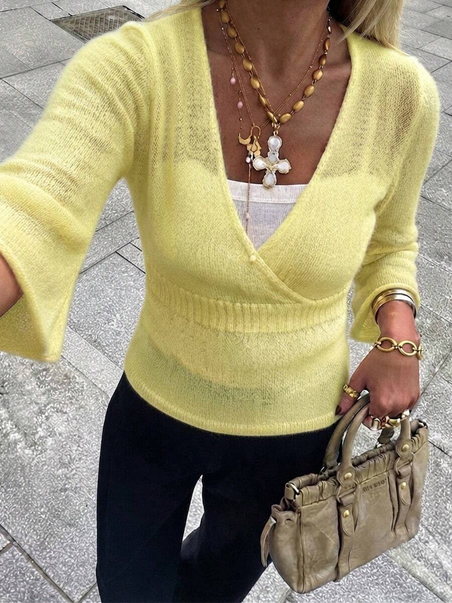 Chic Women's V-Neck Wrap Knit Top With Three Quarter Flare Sleeves Fuzzy Rib-Knit Regular Length Semi-Sheer Slight Stretch For Fall Fashion - Yellow - View 1
