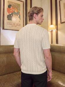 Men Old Money Style Hollow Knit Short Sleeve Cardigan, Diamond Texture Breathable Top, Casual Blouse For Vacation Daily Wear - Apricot - View 2