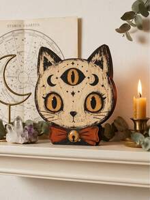 6pcs/1pc Vintage Halloween Indoor Decor, 15cm/5.91in Halloween Cat Wooden Shelf Decor Blocks, Skull, Black Cat, Primitive Style Halloween Decoration, Housewarming Gift, Gothic Style Wooden Cat Head, Handmade Distressed Antique Skull Cat Head, Indoor Decoration, Vintage Wooden Block Shelf Decor, 6 Styles Available, Collectible Figurines - Multicolor - View 5