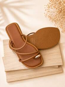 Women's Flatform Sandal With ABS Detail On The Little Toe, Elegant Women's Flat Summer - 鏽棕色 - 查看 5