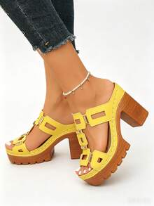 Women's High Heel Sandals Metal Buckle Wide Strap Lightweight Comfortable Chunky Heel Casual Commute Slip-On Sandals Slides, Platform Heels - Yellow - View 11