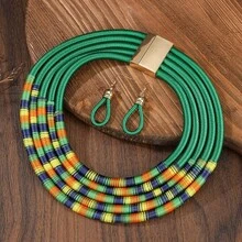 歐美非裔跨境波希米亞風誇張多層彩色纏繞項鍊 - 綠色 - 查看 5