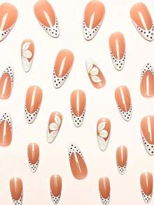 Transform Your Nails 24片/組 極簡白色法式底色 3D白色花朵、金色珠飾與波點裝飾 全覆蓋穿戴式假指甲，含1片果凍膠與1個指甲锉，適合所有女性/女孩的日常通勤、下午茶、舞會派對美甲 - 白色 - 查看 2