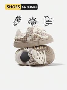 1 Pair Unisex Toddler Plaid Lace Shell Toe Hook&Loop Skate Shoes, Anti-Slip Flexible Sole, Spring Autumn Daily(Size By Insole Cm) - Khaki - View 1
