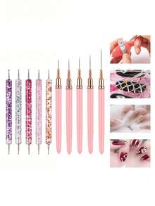 10pcs Nail Liner & Dotting Pen 2Sets, Random Color Fine Line Drawing Nail Art Brushes For Line Check Pattern Painting, Professional Manicure Tools For Nail Salon And Back To School DIY Nail Decoration - A - View 3