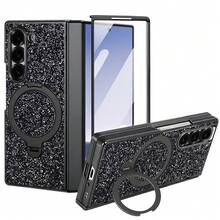 VIETAO 時尚高品質亮面電鍍隱藏式圓形支架 Galaxy Z Fold 7 6 折疊手機殼 全機身保護殼 附鋼化玻璃螢幕保護貼 - 黑色 - 查看 1