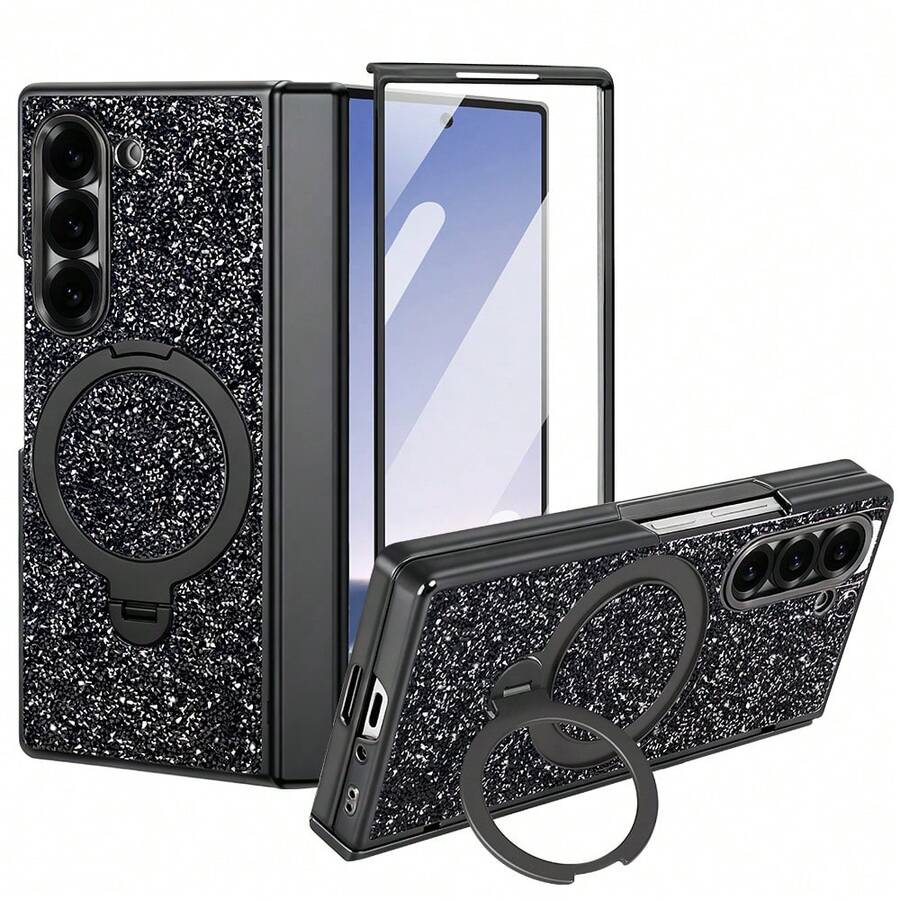 VIETAO 時尚高品質亮面電鍍隱藏式圓形支架 Galaxy Z Fold 7 6 折疊手機殼 全機身保護殼 附鋼化玻璃螢幕保護貼 - 黑色 - 查看 1