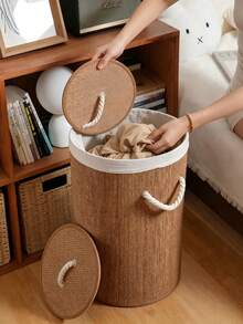 Round Rattan Laundry Basket With Lid, Large Breathable Woven Hamper With Detachable Liner & Rope Handles, Dustproof Clothes Storage Bin For Bedroom Bathroom Balcony, Perfect For Adult Family Daily Garment Sundry Organizing - Multiple Specifications - View 6