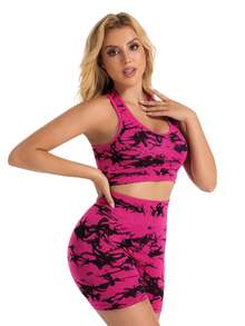 Abstract Splatter Print Seamless 2-Piece Workout Set, Racerback Crop Top And High-Waisted Biker Shorts - Hot Pink - View 5
