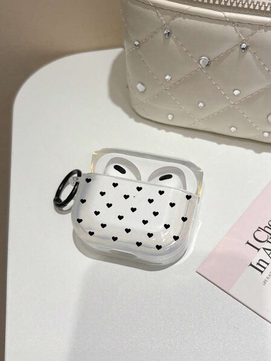 Transparent Black Mini Heart-Shaped Earphone Protective Case For 1/2/3/4 Pro 2, Soft Protective Shell With Black Finger Ring - Multicolor - View 1