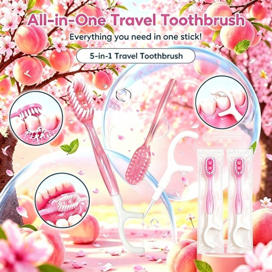 30件/20件/10件/5件裝一次性迷你旅行牙刷組,5合1迷你粉色牙刷+牙線+牙籤,便攜式牙刷,適合旅行、工作與日常使用,精巧設計 - C款粉紅色 - 查看 1