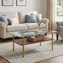 Modern Coffee Table With Glass Top And MDF Shelf, Living Room Table With Gold Metal Legs, Rectangular Sofa Table With Luxurious Design, Wood Effect-H45/L98/D58 Cm - 棕色 - 查看 2