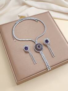 Conjunto de Joyas con Flor Azul y Circonita con Borlas, Collar y Aretes para Vestido de Noche y Novia, Set de 2 Piezas - Multicolor - Ver 9