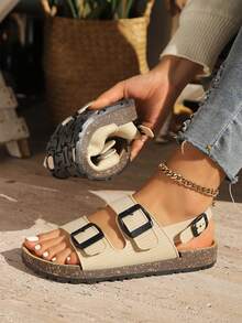 Sandal Platform Wanita, Tali Ganda yang Dapat Diatur, Mudah Dipakai/Dilepas, Penggunaan Kasual Sehari-hari - Krem - View 5