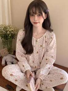 2pcs Women's Pajama Set, Cute Bear, Bow, Ditsy Floral Round Neck Button-Down Korean Style Long Sleeve Pants, Easy Care Fabric - Multicolor - View 3