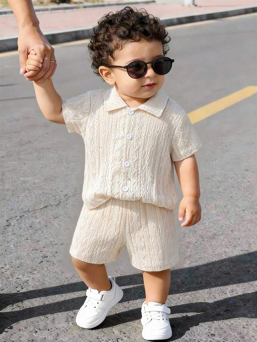 Summer Baby Boy Beige Hollow Plaid Short Sleeve Set, Lapel Button Shirt + Elastic Waist Shorts, 2pcs Outfit - Beige - View 1