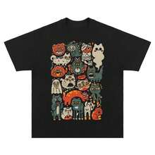 Kurzarm-T-Shirts für Männer und Frauen, Übergröße, Rundhalsausschnitt und amerikanischem Grafikdruck 'Fun Wacky Cat', neue Mode. - Schwarz - Übersicht 1