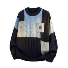 Men's Colorblock Chunky Knit Crew Neck Pocket Bear Embroidered Loose Casual Pullover Sweater - Navy Blue - View 2