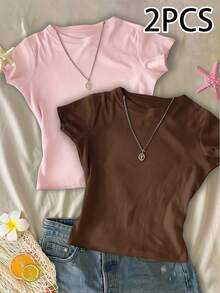 2pcs Women's Round Neck Short Sleeve T-Shirts, Summer New Solid Color Casual Versatile Slim Fit Cropped Tops, Fashion Daily Wear - Multicolor - View 1