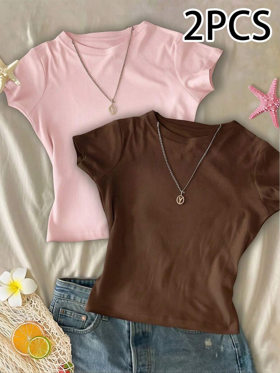 2pcs Women's Round Neck Short Sleeve T-Shirts, Summer New Solid Color Casual Versatile Slim Fit Cropped Tops, Fashion Daily Wear - Multicolor - View 1