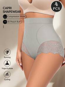 MEIYATING 4pcs High Waist Tummy Control Butt Lifting Seamless Lace Pattern Triangle Panties For Women - Multicolor - View 4