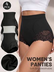MEIYATING 4pcs High Waist Tummy Control Butt Lifting Seamless Lace Pattern Triangle Panties For Women - Multicolor - View 6