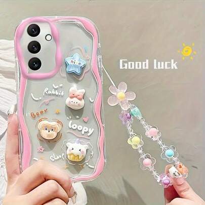 1 pieza Funda de teléfono transparente rosa con borde ondulado 3D de conejo, oso y unicornio en inglés, anti-caída, con cordón de cuentas de flores de colores macaron, compatible con 17/17 Pro/17 Pro Max, 16/15, 15 Pro Max, 13/14/11/12/14 Pro Max, XS/XR/X/8/7/8 Plus/7 Plus, Galaxy S22/23/24/S25/S26/A04/A36/A06/A07/A17/A15/A16/A24/A25/A34, Note 7/8/9/10/11/12/13/14, 13C/14C/A5, Honor X, HW, C53 C55, regalo de cumpleaños de primavera, regalo de aniversario