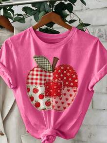 Back To School Teacher Big Apple Graphic Patchwork Shirt, Women's Casual Solid Color Round Neck Short Sleeve Minimalist T-Shirt Summer - Multicolor - View 4
