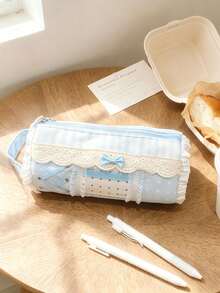Cute Lace Pencil Case With Ruffled Bow Decoration Stationery Bag, Large Capacity Handheld Pencil Case, Multifunctional Portable Brush Storage Bag - Multicolor - View 9