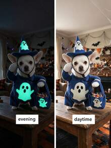 1 Set Blue Polyester Printed Pet Clothing With Glowing Ghost Pattern, Including Dog Outfit And Dog Hat. Happy Puppy Cat Dog Clothes, Halloween Limited Edition Glowing Costume, Suitable For Small To Large Dogs. - Blue - View 9