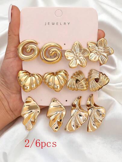 2/6pcs Vintage Metal Earrings, Swirl, Floral, Heart, Twisted & Pleated Geometric Earrings, Elegant Women's Earrings, Suitable For Casual, Vacation, Party