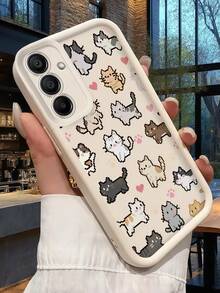 1pc Black Background Pixel Art Cartoon Cat & Heart Paw Print Pattern Phone Case, Black Leather Frame Shockproof Soft TPU Protective Cover, Compatible With GALAXY, HONOR, Phones - White - View 2