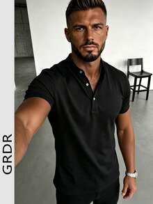 GRDR Men's Summer Fashion Classic Solid Color Henley Collar Short Sleeve, Business Casual Essential Item, Summer Window Display Must-Have - Black - View 6