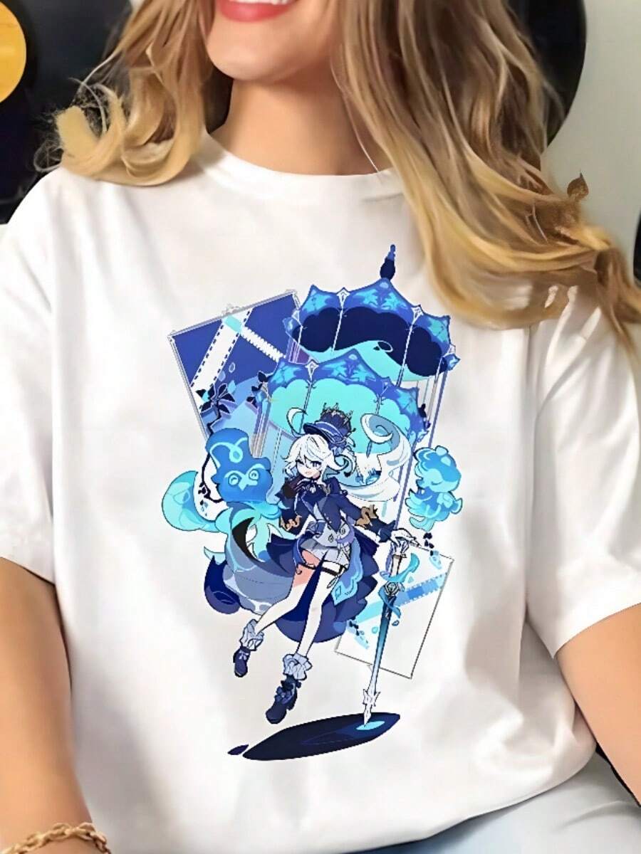 Summer T-Shirts Comic Tee Girl Manga 2000s Clothing Genshin Impacts - 白色 - 查看 1