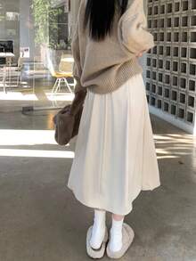 Women's Solid Color High Waist Casual Pleated Midi Skirt - Apricot - View 4