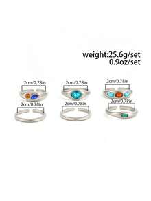 6pcs Vintage Distressed Silver Asymmetrical Colorful Gemstone Ring Set, Textured Colorful Rhinestone Rings, American Y2K Men's Stackable Hand Jewelry - White K - View 8