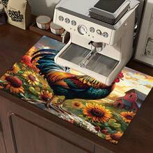 1pc Sunflower And Rooster Pattern Printed Diatomaceous Earth Kitchen Drain Mat, Absorbent Dish Drying Mat, Coffee Machine Mat, Dishwashing Mat, Sink Mat, Kitchen Countertop Protector Mat, Suitable For Cups, Plates, Tableware And Kitchen Decor - Multicolor - View 4