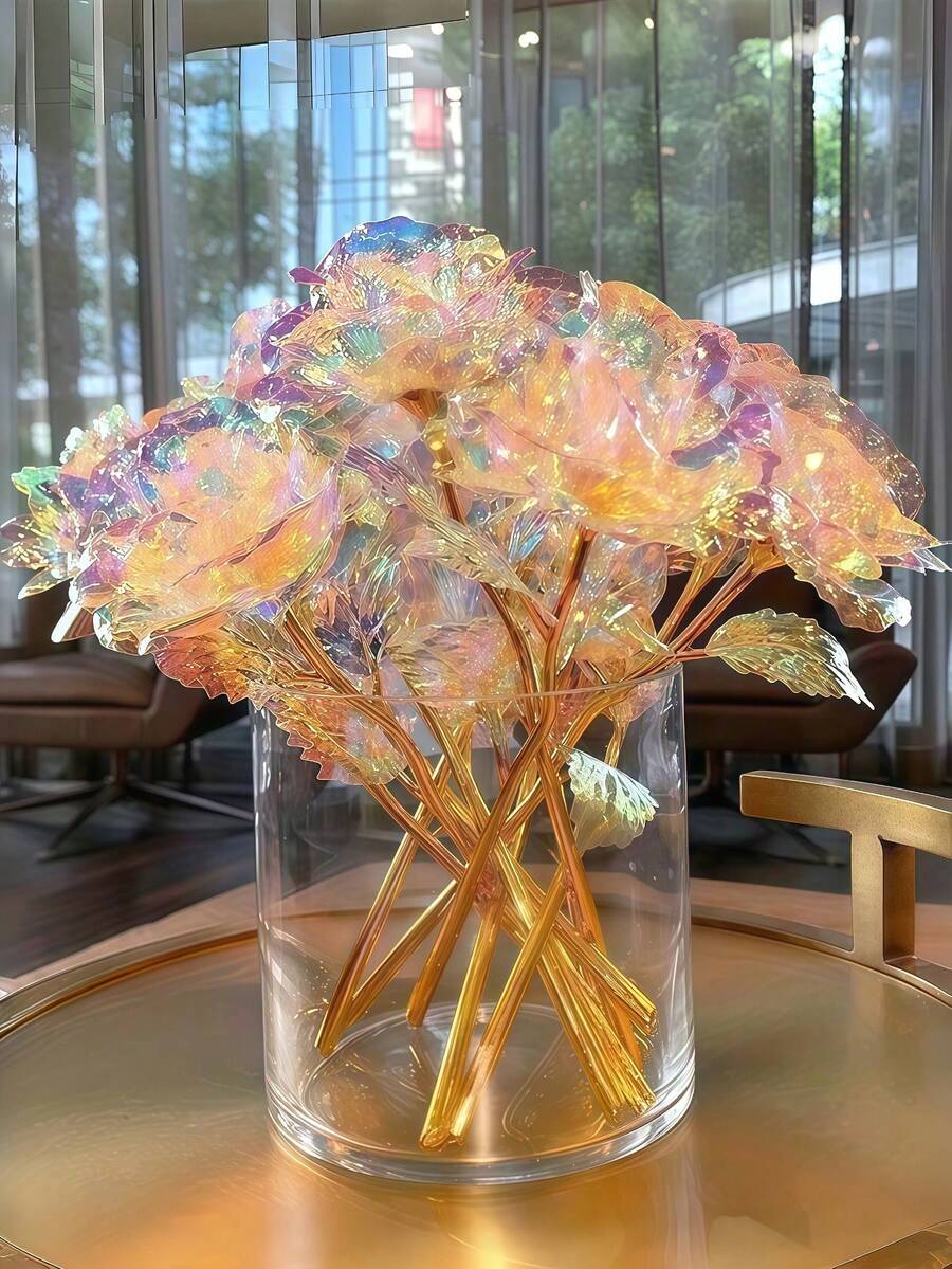 5/10/20pcs Shiny Crystal Rose Bouquet, Elegant Iridescent Artificial Flowers With Gold Stems, Glass Vase, Suitable For Valentine's Day, Wedding, Anniversary And Christmas Party Decoration, Romantic Decor, Sequin Flowers, Plastic Roses - Multicolor - View 1