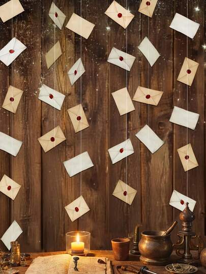 8/16/24 Pcs Vintage Envelope Garland Letter Hanging Banner Floating Cards For Halloween Theme Bday Decorations Holiday Home Birthday Party Classroom Grad Party Supplies