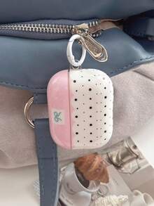 1pc Wavy Glossy Earbud Case, Pink White Two-Tone Polka Dot & Light Blue Bow Print, White Spring Ring Clasp, Soft TPU Full-Wrap Shockproof Protective Cover Compatible With AirPods41,2,3,4,Pro,Pro2,Pro3 - Multicolor - View 5