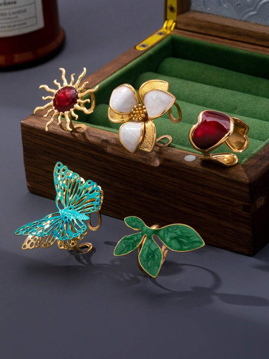 5pcs Women's Vintage Enamel Stackable Rings Set, Hollow Butterfly Sun Heart Flower Leaf Design, Burgundy Green White Colorblock Vintage Jewelry, Suitable For Daily Wear, Vacation And Party - Floral Butterfly Ring Set - View 1
