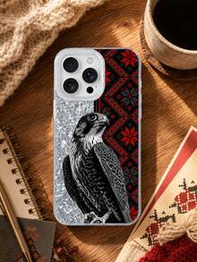 Falcon 手機殼，黑白素描搭配紅黑幾何圖案與銀色水鑽，適用於 iPhone 17/16/15/14/13 Pro Max 及更多機型，全包防摔耐磨，手感舒適，適合喜愛猛禽藝術與獨特設計的使用者，兼具實用保護與視覺美感 - 黑色 - 查看 3