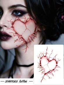 ملصق وشم مؤقت مقاوم للماء بنمط قلب مكسور ينزف للهالوين، للمكياج وDIY، هدية للحفلات ومهرجانات الموسيقى، للوجه والذراع والكتف والرقبة، 1 قطعة/عبوة - الأحمر - مشاهدة 1