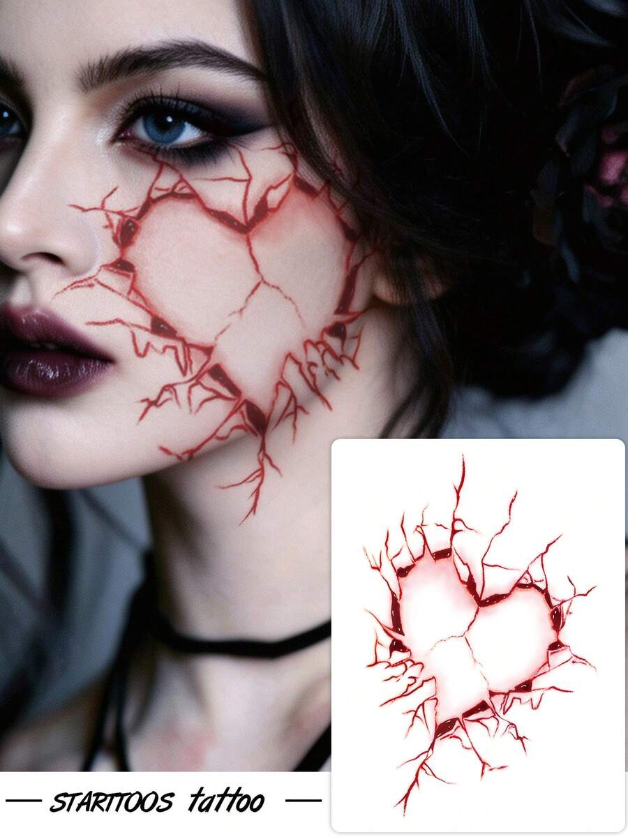 ملصق وشم مؤقت مقاوم للماء بنمط قلب مكسور ينزف للهالوين، للمكياج وDIY، هدية للحفلات ومهرجانات الموسيقى، للوجه والذراع والكتف والرقبة، 1 قطعة/عبوة - الأحمر - مشاهدة 1