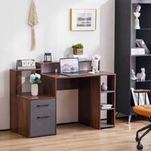 Office Computer Desk With Drawers, Writing Study Desk With Shelves - Brown - View 3