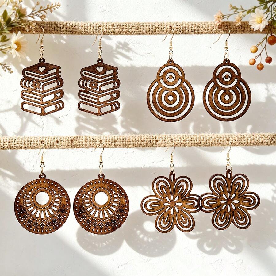 4 Pairs Women's Daily Vacation Commute Hollow Vintage Fashion Carved Personalized Wooden Dangle Earrings - Gold Hoop Earrings - View 1