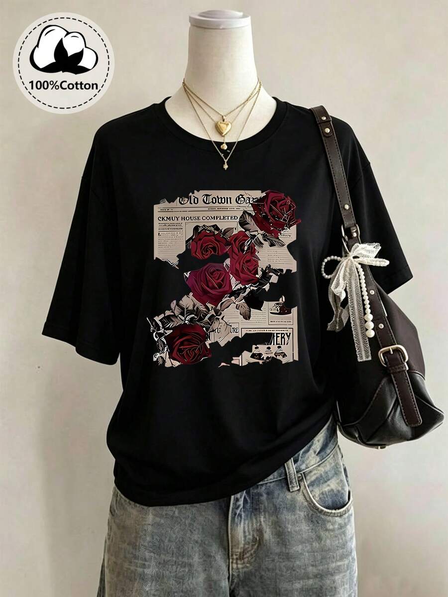 Plus Size Women's Pure Cotton Summer T-Shirt: Fun "Rose Newspaper" Street Style Print - Vintage Style, Versatile, Y2K Style Daily Wear - Black Casual - Black - View 1