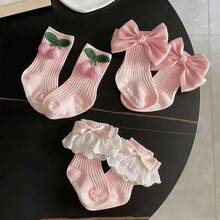 3 Pairs Pink Princess Style Baby Girl Socks, Cute Lace & Bow Decor, Suitable For Daily Wear, Great Gift For Babies - Multicolor - View 7