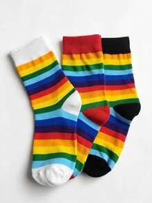 1 Pair 3 Pairs 4 Pairs 7 Pairs Street Style Rainbow Striped Mid-Calf Socks, Color Block Patchwork Casual, Color Block Cuff, Unisex All-Season Wear Mid-Calf Socks - Multicolor - View 13