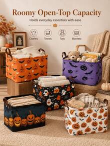 Halloween Style, Rectangular Pumpkin Bat Print, Dual Handle Storage Organizer Bin For Toys Blankets Books, Home Party Living Room Autumn Season. - Multicolor - View 4